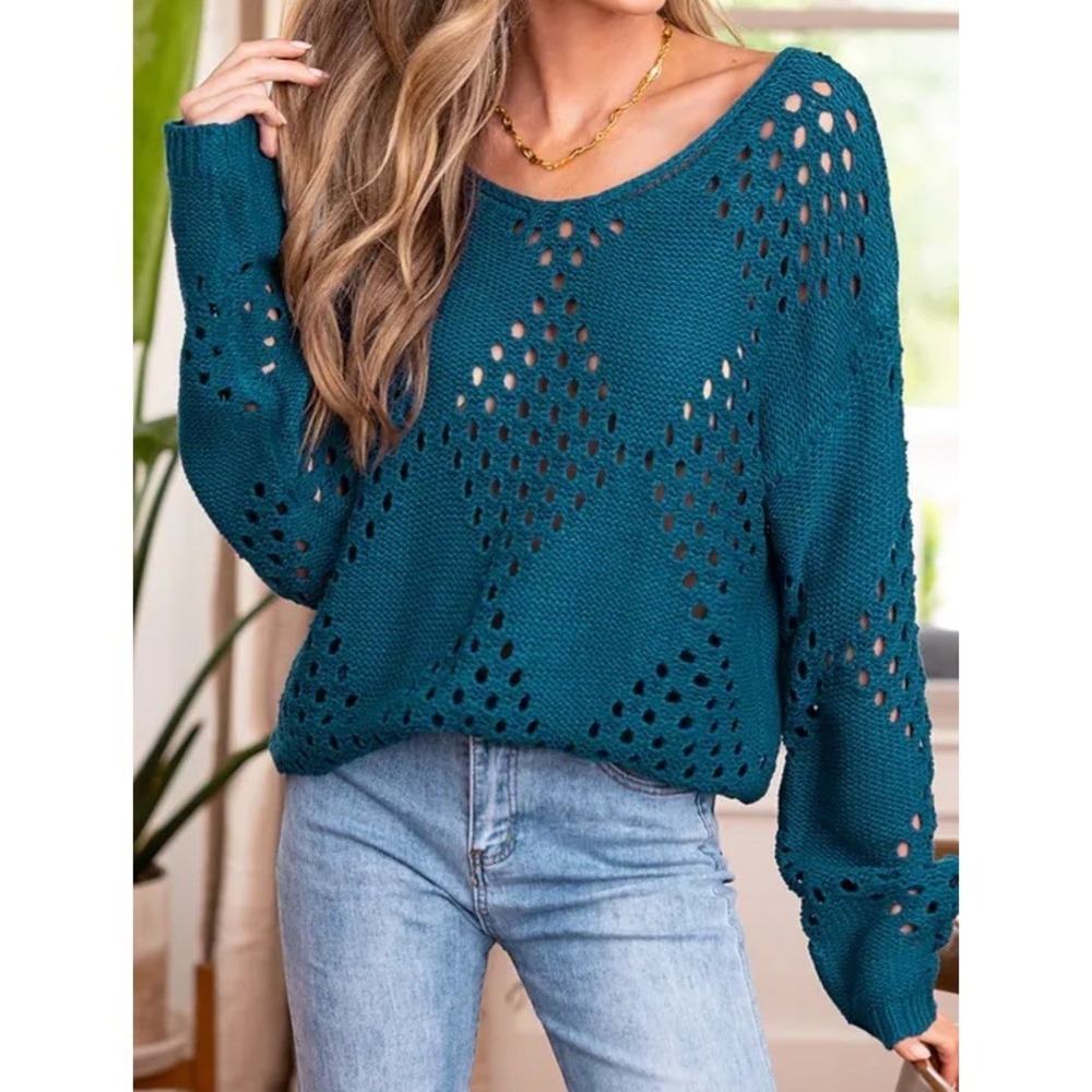 Cupshe Womens Relaxed Fit Open Knit Sweater Long Sleeve Boxy Teal Sz L